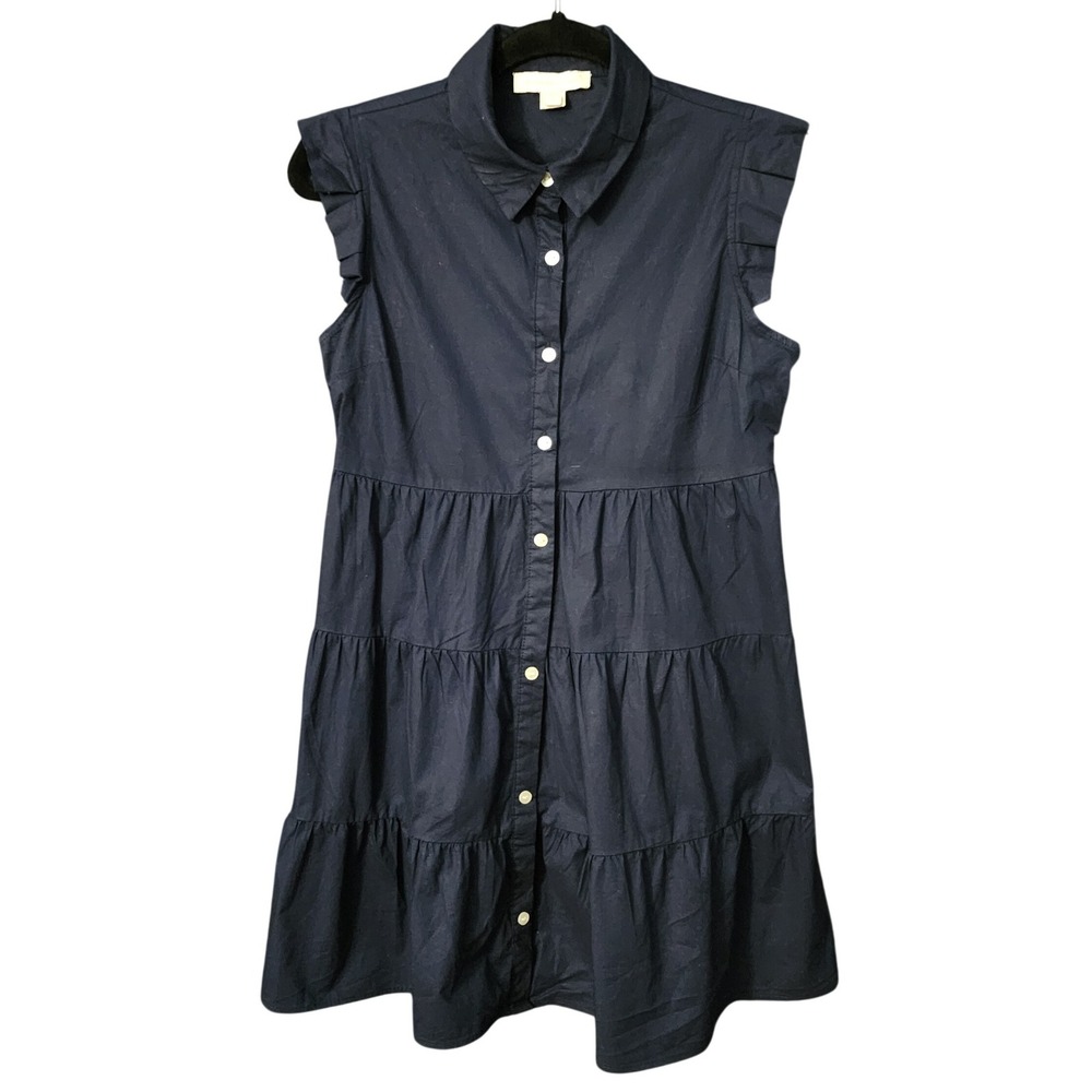 Monteau Women Babydoll Shirt Dress Navy Blue Tiered Ruffle Cap Sleeve M
